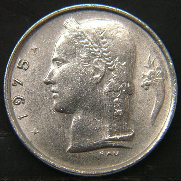 Back side of 🇧🇪 BELGIUM – Royal Portraits and National Symbols 1 Franc "Belgique'' 1975 coin