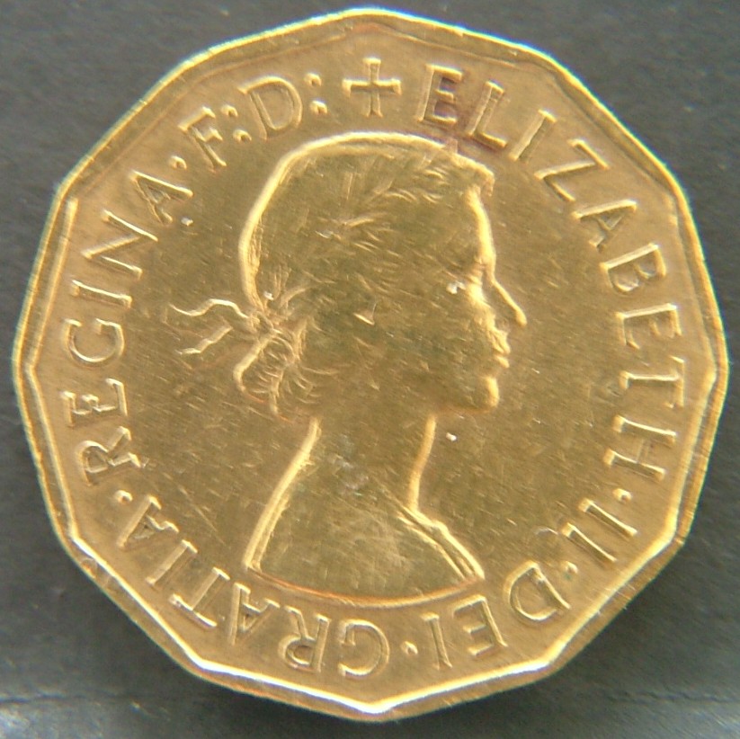 Front side of 🇬🇧 GREAT BRITAIN – Monarchs and Milestones 3 Pence 1955 coin