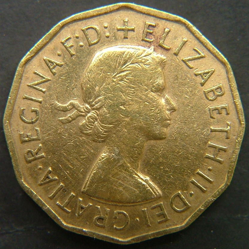 Back side of 🇬🇧 GREAT BRITAIN – Monarchs and Milestones 3 Pence 1955 coin