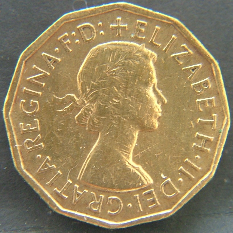 Front side of 🇬🇧 GREAT BRITAIN – Monarchs and Milestones 3 Pence 1956 coin