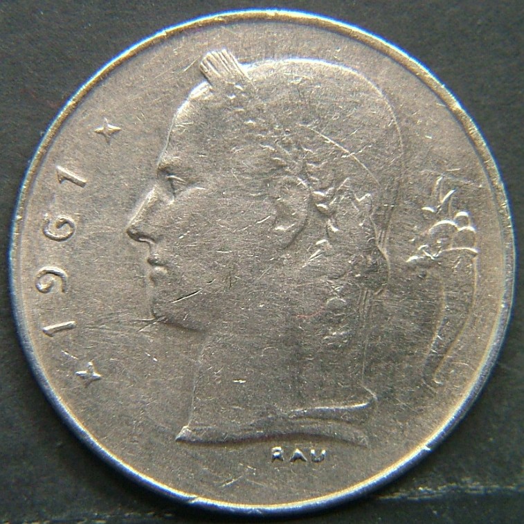 Back side of 🇧🇪 BELGIUM – Royal Portraits and National Symbols 1 Franc "Belgique'' 1961 coin