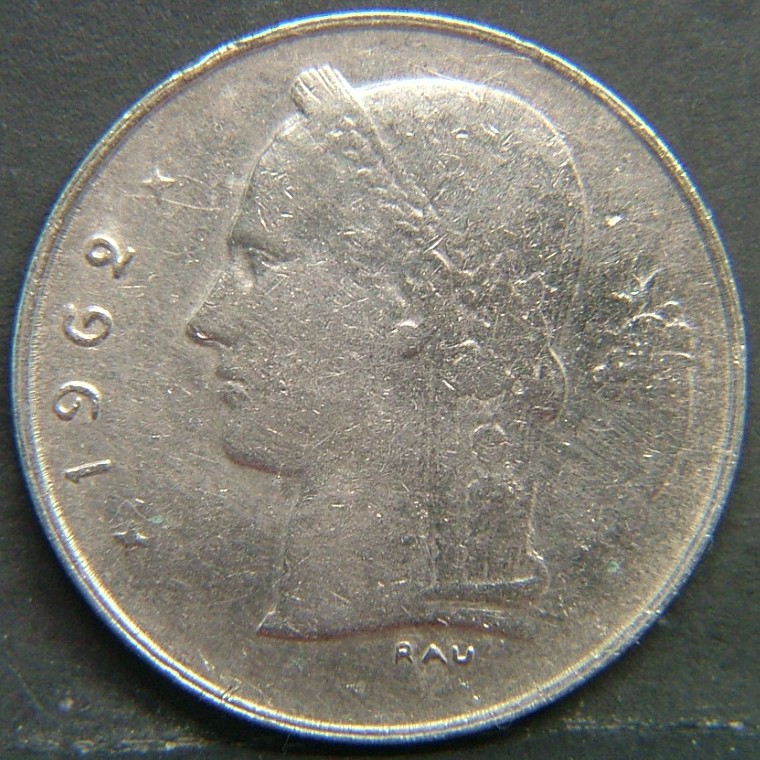 Back side of 🇧🇪 BELGIUM – Royal Portraits and National Symbols 1 Franc "Belgique'' 1962 coin