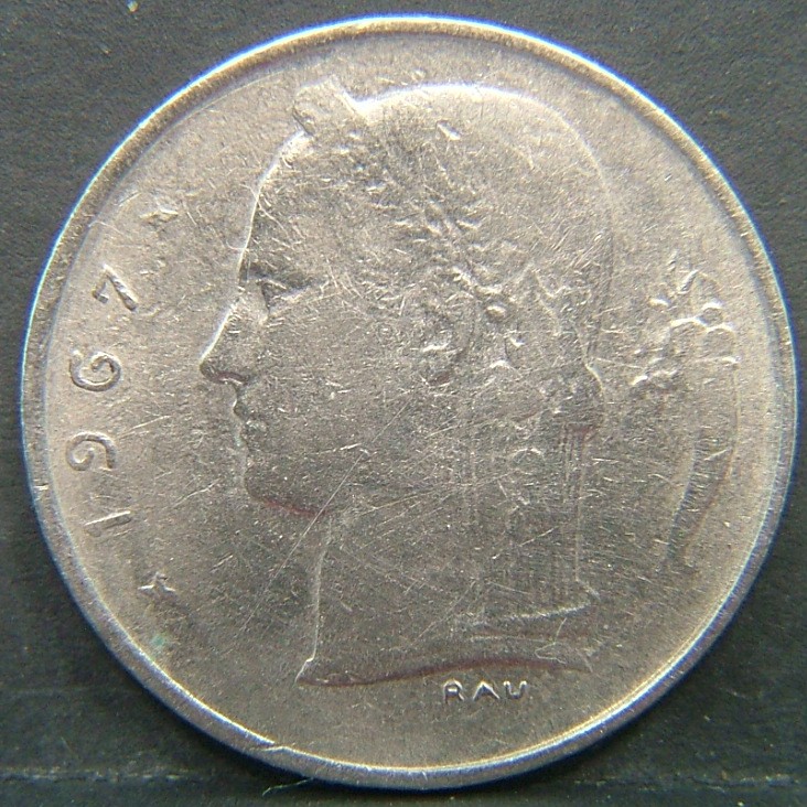 Back side of 🇧🇪 BELGIUM – Royal Portraits and National Symbols 1 Franc "Belgique'' 1967 coin