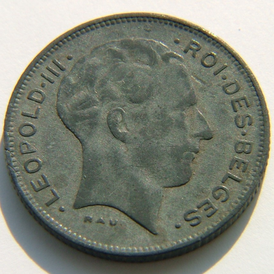 Front side of Belgium 5 Francs, "Des Belges" 1941 coin