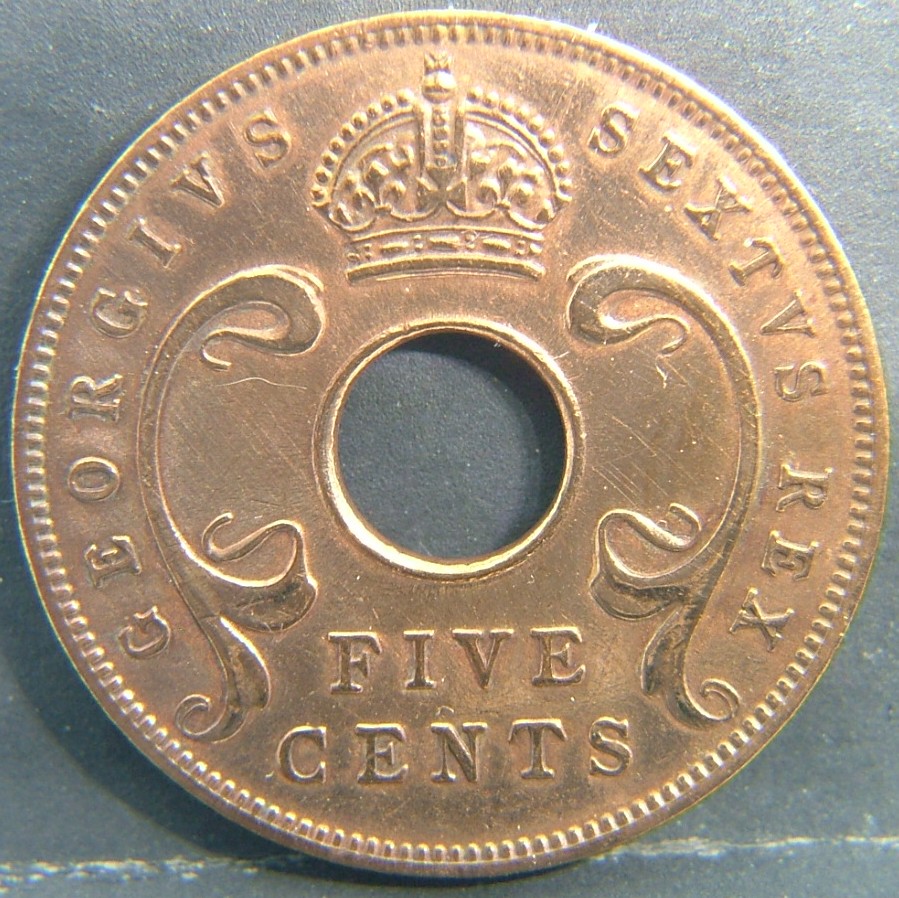 Back side of 🌍 East Africa (British) — Coins from the Colonial Crossroads of the Continent 5 Cents 1949 coin