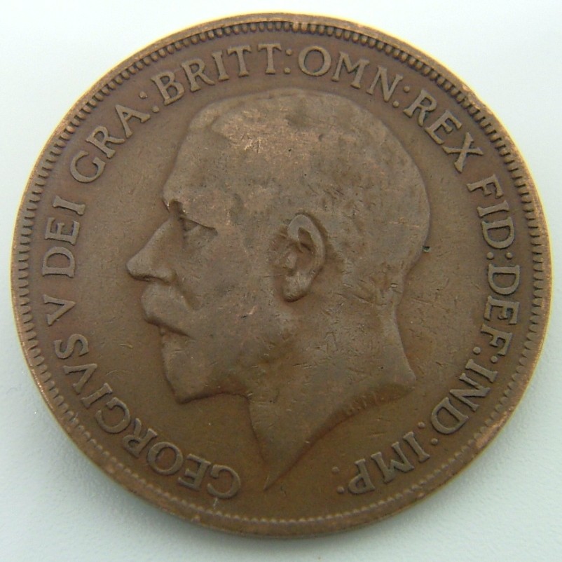 Back side of Great Britain 1 Penny 1921 coin