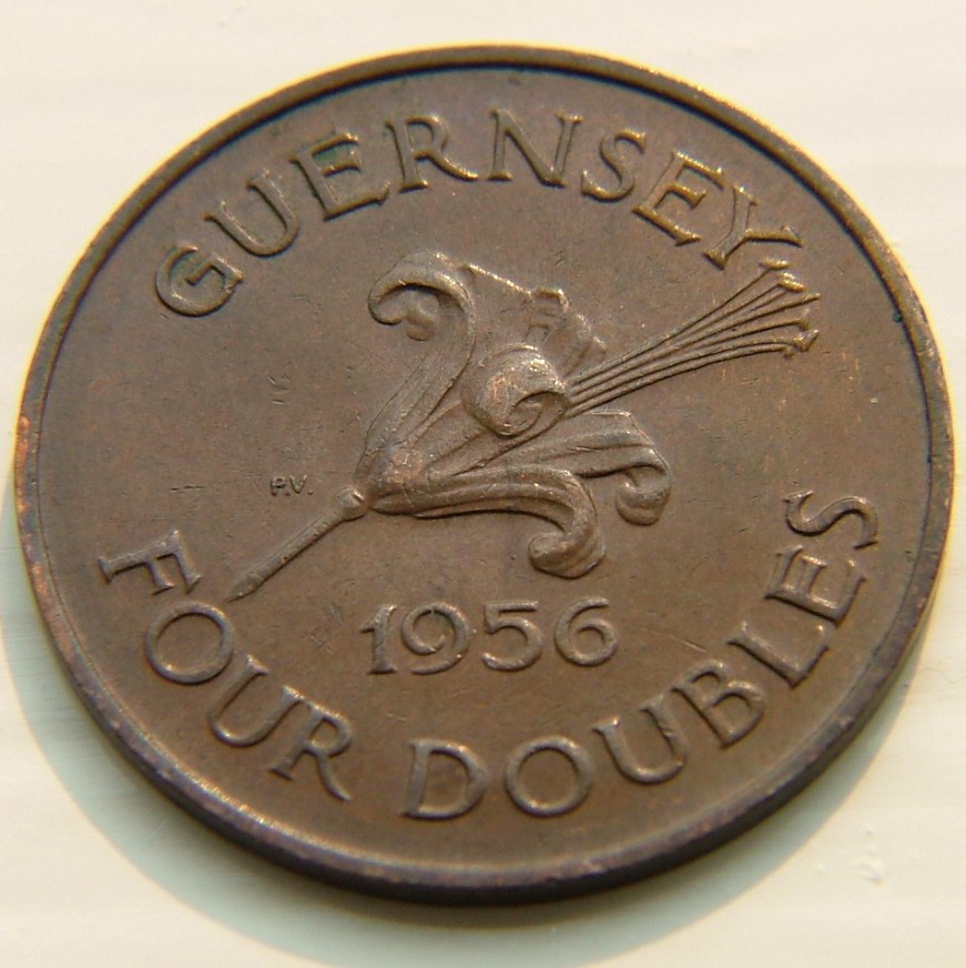 Front side of Guernsey 4 Dubles 1956 coin