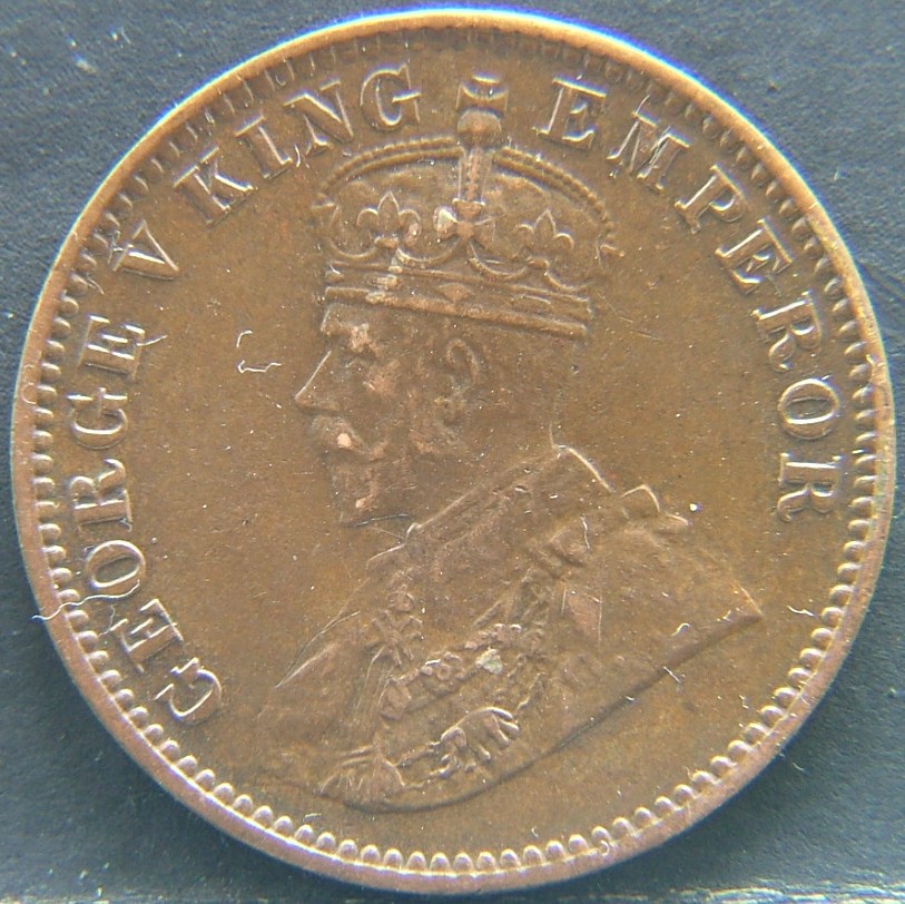Front side of 🇮🇳 BRITISH INDIA – Colonial Currency of the Raj Quarter 1/4 Anna 1917 coin