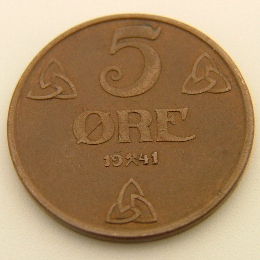 Back side of Norway 5 Ore 1941 coin