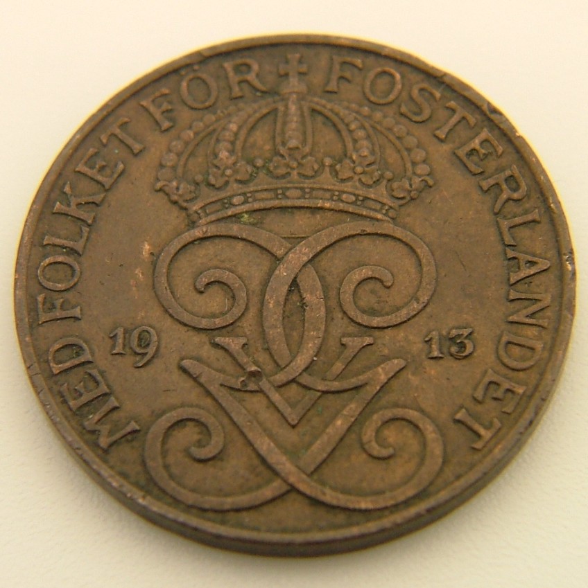 Back side of Sweden 5 Ore 1913 coin