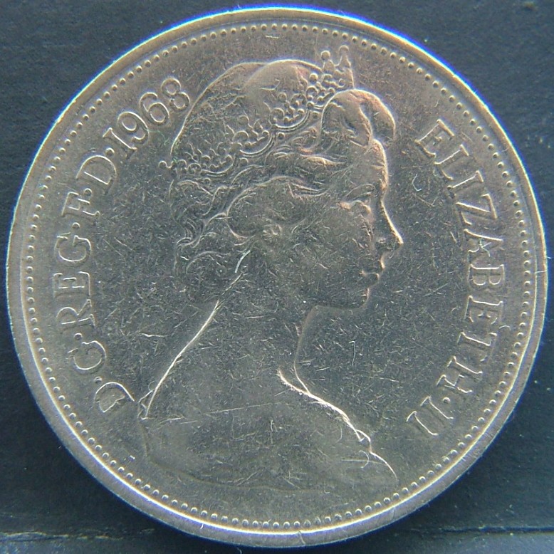 Front side of 🇬🇧 GREAT BRITAIN – Monarchs and Milestones 10 Pence 1968 coin